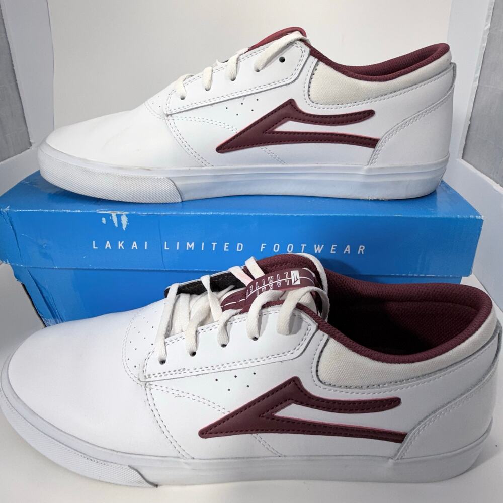Lakai Griffin White with Burgundy Leather Skate Shoes, Men's Size 11.5